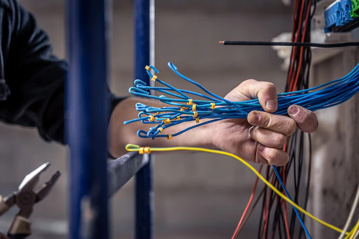 Electrician's hand holding a bundle of blue and yellow wires at a panel, service image published by A S Electricals